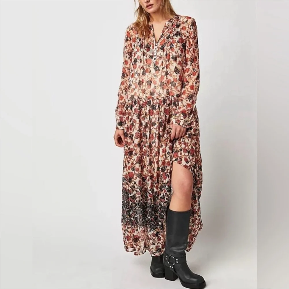 Free People Women’s See It Through Pleated Front Floral Maxi Dress Large NWT - Picture 4 of 16